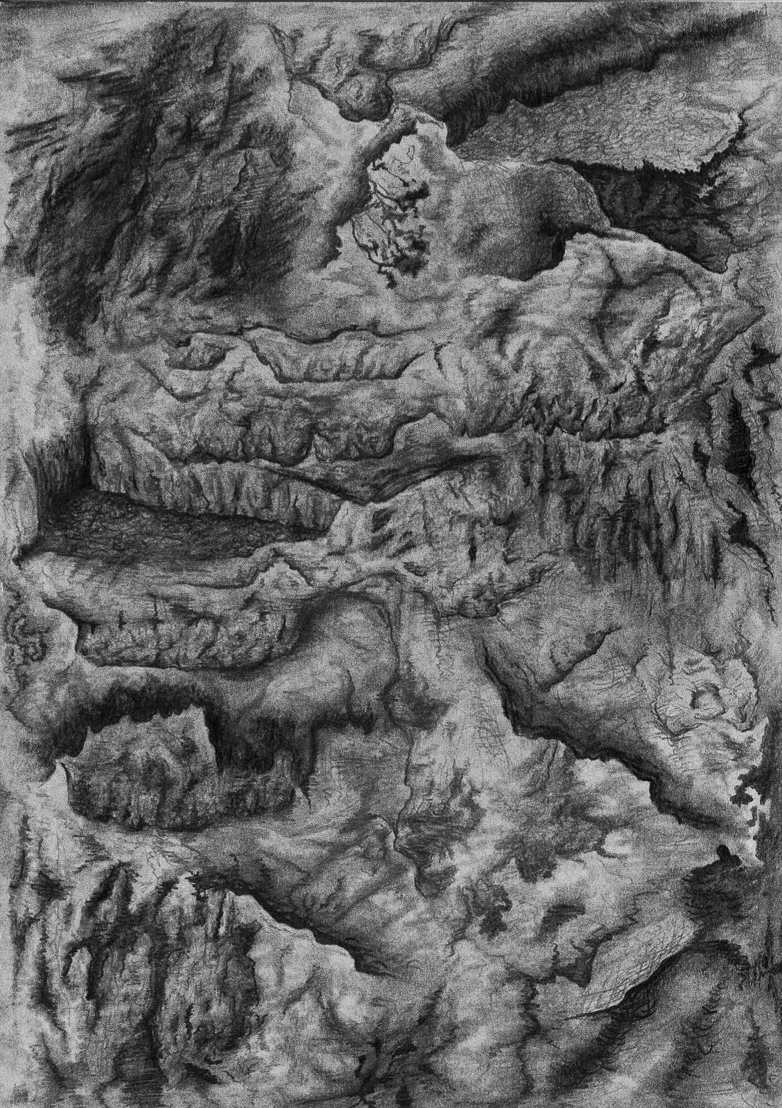 Tepuyes, a contemporary drawing by Sacalapa Talaaja, depicting a deconstructed landscape of the table-top mountains found in the Guinean Savanna, southeastern Venezuela. The artwork focuses on the texture and pareidolia characteristic of those mountains, and was created with pencil on paper.